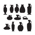 Silhouette sketch et of ceramic vases. Ancient Greek, Roman jar with two handles and a narrow neck. Vintage amphora, trophy, pots Royalty Free Stock Photo