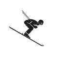 Silhouette of a skier downhill on the ski down a steep hill, extreme slalom winter sport logo, t-shirt print emblem mockup