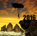 Silhouette skydiver parachutist landing in to the New Year 2016 Royalty Free Stock Photo