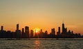 Silhouette of skyline of Chicago at sunset seen from Lake Michigan Royalty Free Stock Photo