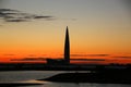 Silhouette of the skyline of the city at sunset with the Lakhta Centre skyscraper, Saint Petersburg, Russia Royalty Free Stock Photo