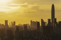 Silhouette of skyline of Shenzhen city, China under sunset. Viewed from Hong Kong border Royalty Free Stock Photo