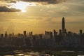 Silhouette of skyline of Shenzhen city, China under sunset. Viewed from Hong Kong border Royalty Free Stock Photo