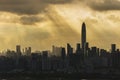 Silhouette of skyline of Shenzhen city, China under sunset. Viewed from Hong Kong border Royalty Free Stock Photo