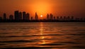 Silhouette of skyscrapers against a sunset skyline, reflecting in water generated by AI Royalty Free Stock Photo