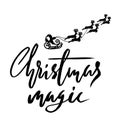 Silhouette Sleigh of Santa Claus and Reindeers. Christmas Lettering. Royalty Free Stock Photo