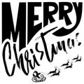 Silhouette Sleigh of Santa Claus and Reindeers. Merry Christmas handwritten modern dry brush lettering. Vector