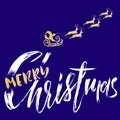 Silhouette Sleigh of Santa Claus and Reindeers. Merry Christmas Lettering. Vector inscription.