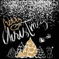 Silhouette Sleigh of Santa Claus and Reindeers. New Year fir. White and Gold Lettering. White confetti. EPS10 Royalty Free Stock Photo