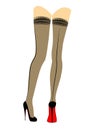 Silhouette of slender beautiful lady legs. The girl is standing. The woman is dressed in fashionable stockings and shod in black