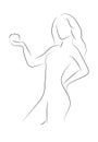 Silhouette of a slender girl with a frame for text. Linear outline of a woman with a board. Black and white drawing