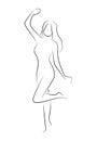 Silhouette of a slender girl with a frame for text. Linear outline of a woman with a board. Black and white drawing