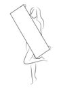 Silhouette of a slender girl with a frame for text. Linear outline of a woman with a board. Black and white drawing