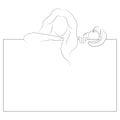 Silhouette of a slender girl with a frame for text. Linear outline of a woman with a board. Black and white drawing