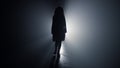 Silhouette slim girl going away in darkness. Back view girl walking in dark.