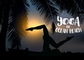Silhouette slim woman makes yoga exercise on the ocean beach at sunset. Palm trees around.