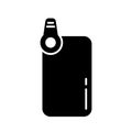 Silhouette Smartphone with clip-on lens. Use for macro and fisheye shooting. Black outline illustration of put on mini device on