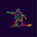 Silhouette of a snowboarder jumping isolated. Background and text on a separate layer, color can be changed in one click. Vector i