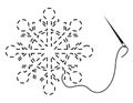 Silhouette of snowflake with interrupted contour. Vector illustration of handmade work with embroidery thread and needle