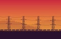 Solar panel farm with high voltage electric pole on orange gradient background Royalty Free Stock Photo