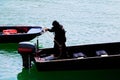 Silhouette soldier on Boat in river with copy space add text