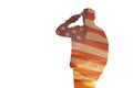 Silhouette of soldier with print of sunset and USA flag saluting isolated on white background. Royalty Free Stock Photo