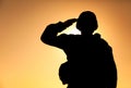 Silhouette of soldier salutes on sunset background Royalty Free Stock Photo