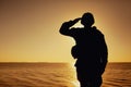 Silhouette of soldier salutes on sunset background Royalty Free Stock Photo