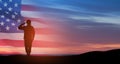 Silhouette of soldier saluting on background of USA flag. Greeting card for Veterans Day, Memorial Day. Royalty Free Stock Photo