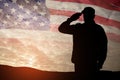 Silhouette of soldier saluting on a background of USA flag. Greeting card for Veterans Day, Memorial Day. Royalty Free Stock Photo