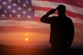 Silhouette of soldier saluting on a background of USA flag. Greeting card for Veterans Day, Memorial Day. Royalty Free Stock Photo