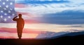 Silhouette of soldier saluting on background of USA flag. Greeting card for Veterans Day, Memorial Day. Royalty Free Stock Photo