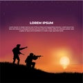 Silhouette Soldier shooting with gun in sunset background. War background with Soldier aiming target suitable for game background,