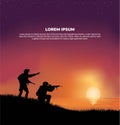Silhouette Soldier shooting with gun in sunset background. War background with Soldier bring flag Suitable for greeting card, post