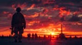 Silhouette of soldier at sunset, planes and crowd, wide text area, dark clouds, clean background Royalty Free Stock Photo