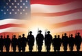 a silhouette of soldiers with the american flag in the background Royalty Free Stock Photo