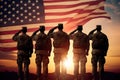 Silhouette of soldiers on the background of the American flag, USA army soldiers saluting on a background of sunset or sunrise and Royalty Free Stock Photo