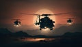 Silhouette of soldiers and military helicopters in the desert. 3D rendering