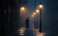 Silhouette of a solitary figure walking down a fog-enshrouded London street at night, near glowing street lamps. Royalty Free Stock Photo