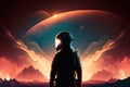 Silhouette of a space explorer on a futuristic planet , created with Generative AI technology