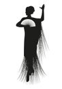 Silhouette of Spanish woman dressed in fringed shawl, wearing fan, isolated on white background