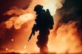 Silhouette of a special forces soldier with assault rifle on fire background, Generative AI illustration Royalty Free Stock Photo