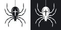 Silhouette of spider descends on the cobweb, halloween illustration. Vector icon on black and white background Royalty Free Stock Photo