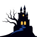 Silhouette of a spooky haunted castle with a dark tree Royalty Free Stock Photo