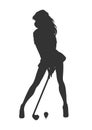 Silhouette of sport beautiful woman golfer ready to hit the ball.