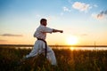 Silhouette of sportive man training karate in field at sunrise. Royalty Free Stock Photo