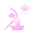 Silhouette of sporty young woman in lotus position practicing twisting