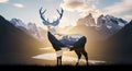 Silhouette of a stag overlays a tranquil landscape with mountains and a river, creating Royalty Free Stock Photo