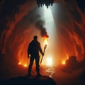 Silhouette of a standing man with a torch in a cave. Royalty Free Stock Photo