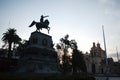 Silhouette of statue of General San Martin on horseback in Plaza San Martin at dusk